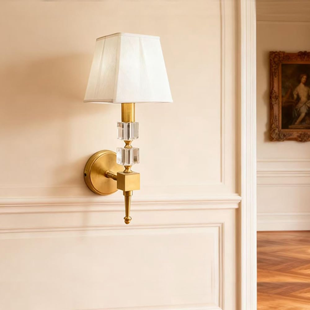 SHINELIGHTAN Brass Cube Crystal Sconce with Fabric Lampshade 1 Light Wall Lighting Modern Wall Mounted Lamp for Living Bedroom Room Light Fixture