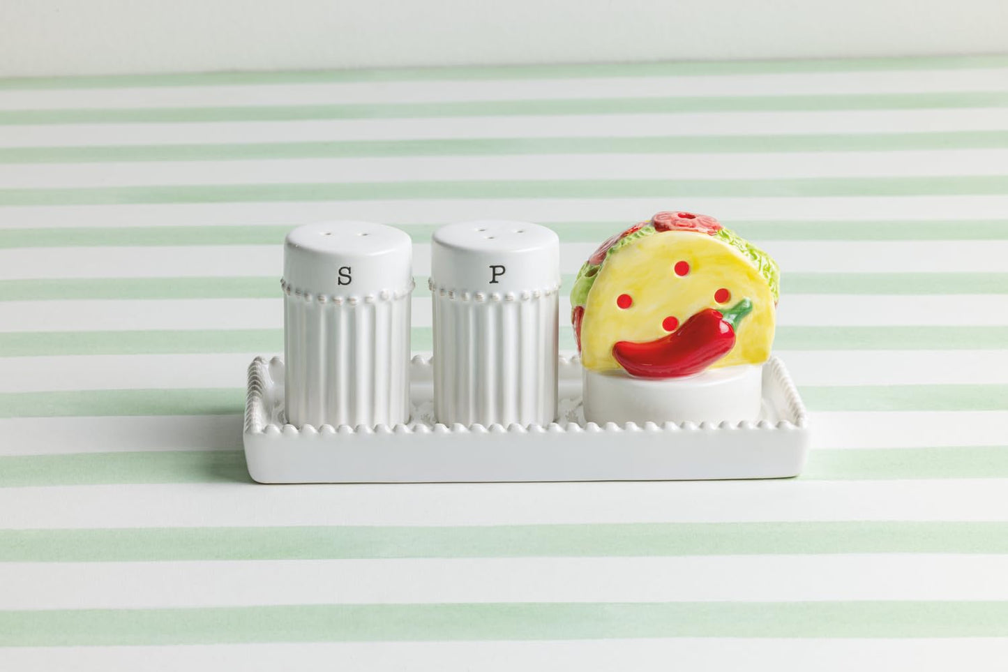 Mud Pie Salt Pepper Accessory Holder; shaker 2 3/4" x 1 3/4" dia | tray 3 1/4" x 6 3/4"