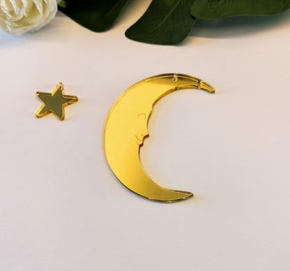 Set of 20 Crescent Moon and Star,Christmas Moon and Star Hanging Ornament for Window &Christmas Tree Decoration (Gold Mirror)