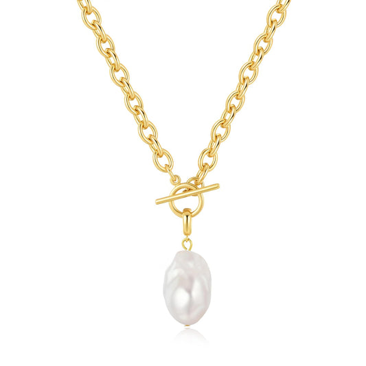Large Freshweater Baroque Pearl Pendant Necklace for Women Chunky Single Irregular Pearl Chain Choker Handmade 14K Gold Plated Thick Link Chain with Toggle Clasp Vintage Summer Jewelry Gifts 18''