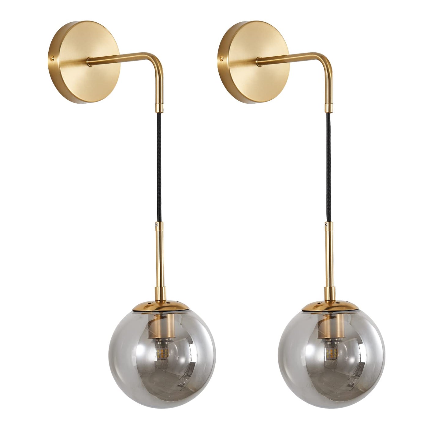 KCO Lighting Modern Glass Globe Wall Sconce Minimalist Gold Wall Mounted Sconce Light with Smoke Grey Lampshade Round Wall Lamp for Bathroom Mirror Bedroom (Smoke Grey-2PC)