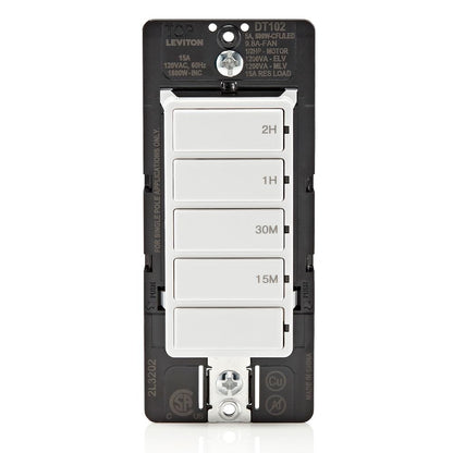 Leviton Countdown Timer Switch for bathroom fan and household lights, 5-10-15-30 min, No Neutral Required, Single Pole, 15A, 1/2 HP/9.8A Fan/Motor, DT130-1LW, White