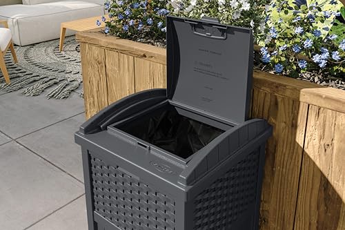 Suncast 33 Gallon Wicker-Style Hideaway Trash Can with Secure Latching Lid and Weather-Resistant Construction for Patio, Cyberspace Grey, Made in the USA