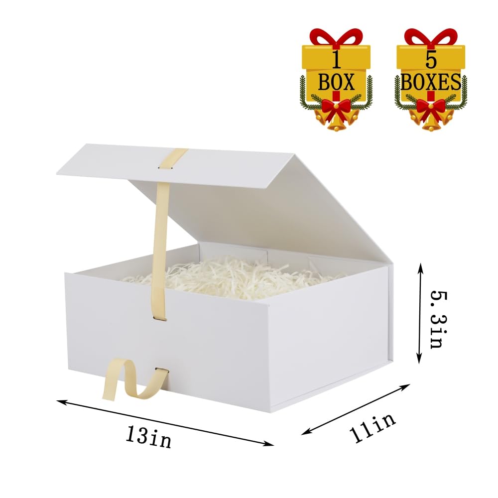 BoxSkivra White Large Gift Box with Ribbon 1 Pack 13X11X5.3 Inch Large Box with Lid Magnetic Closure Rectangle Collapsible Luxury Wrap Box for Weeding Gifts Crinkle Cut Paper Shred with Card