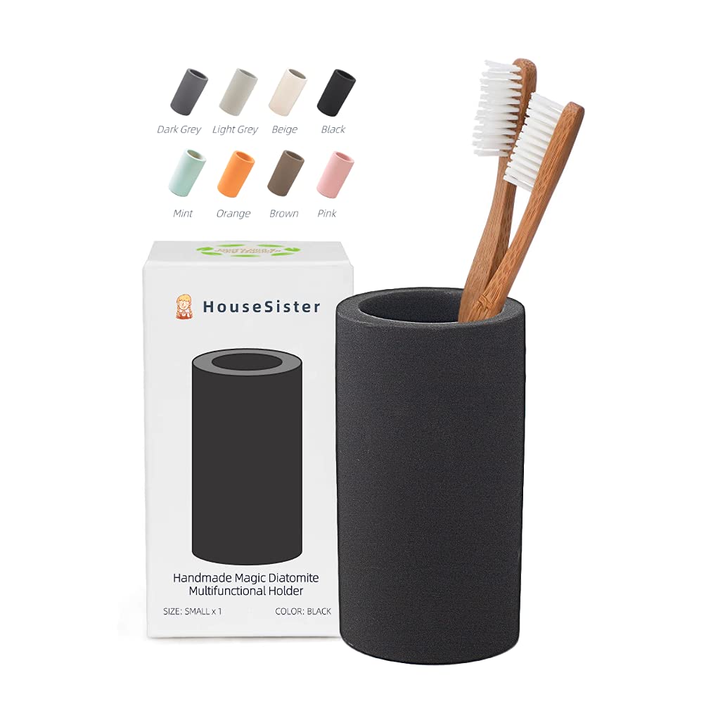 HouseSister Fast-Drying Diatomite Toothbrush Holder - Bathroom Countertop Organizer Stand for Toothpaste, Makeup Brushes, Razors & Accessories (Black)