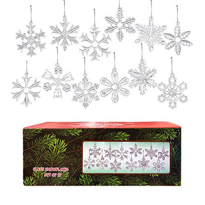 Style Glass Clear Glass Snowflake Ornament Winter Christmas Tree Hanging Decorations (12 Pieces).