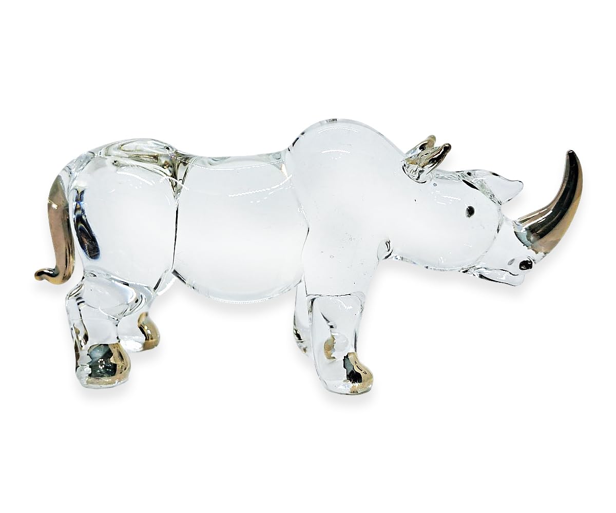 WitnyStore Tiny 5½" Clear Gold Stand Rhino Figurine - Miniature Hand Blown Painted Glass Rhinoceros Tropical Savanna Wildlife Animals Cute Crystal Decorative Figures Collectible Figurines Décor Gifts