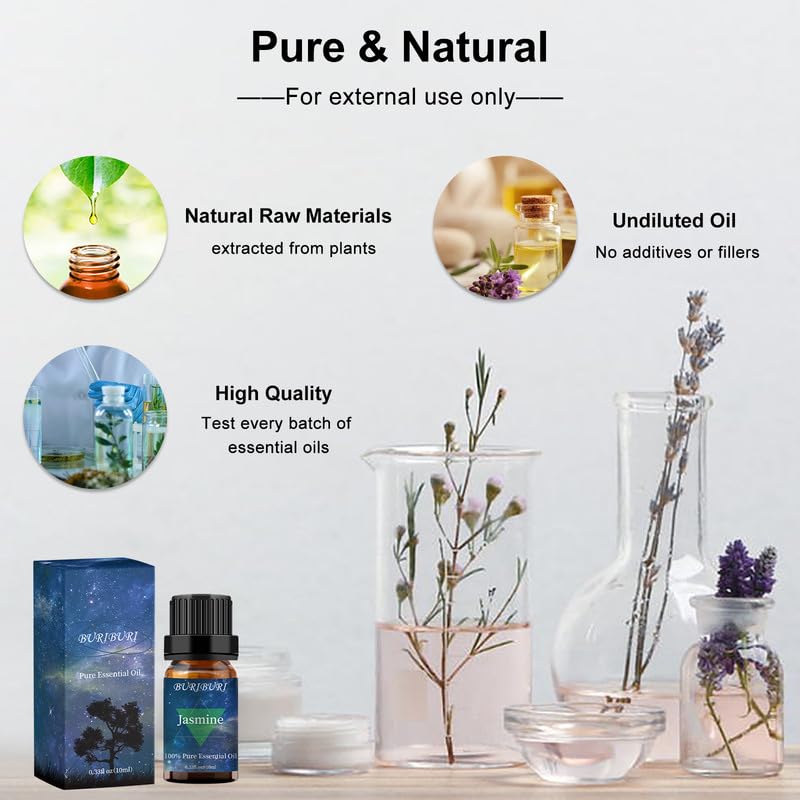 BURIBURI Jasmine Oil and Gardenia Essential Oils Gift Set, 100% Pure, Undiluted, Natural, Organic Aromatherapy Jasmine Essential Oils for Diffuser, Massage, 10MLx2