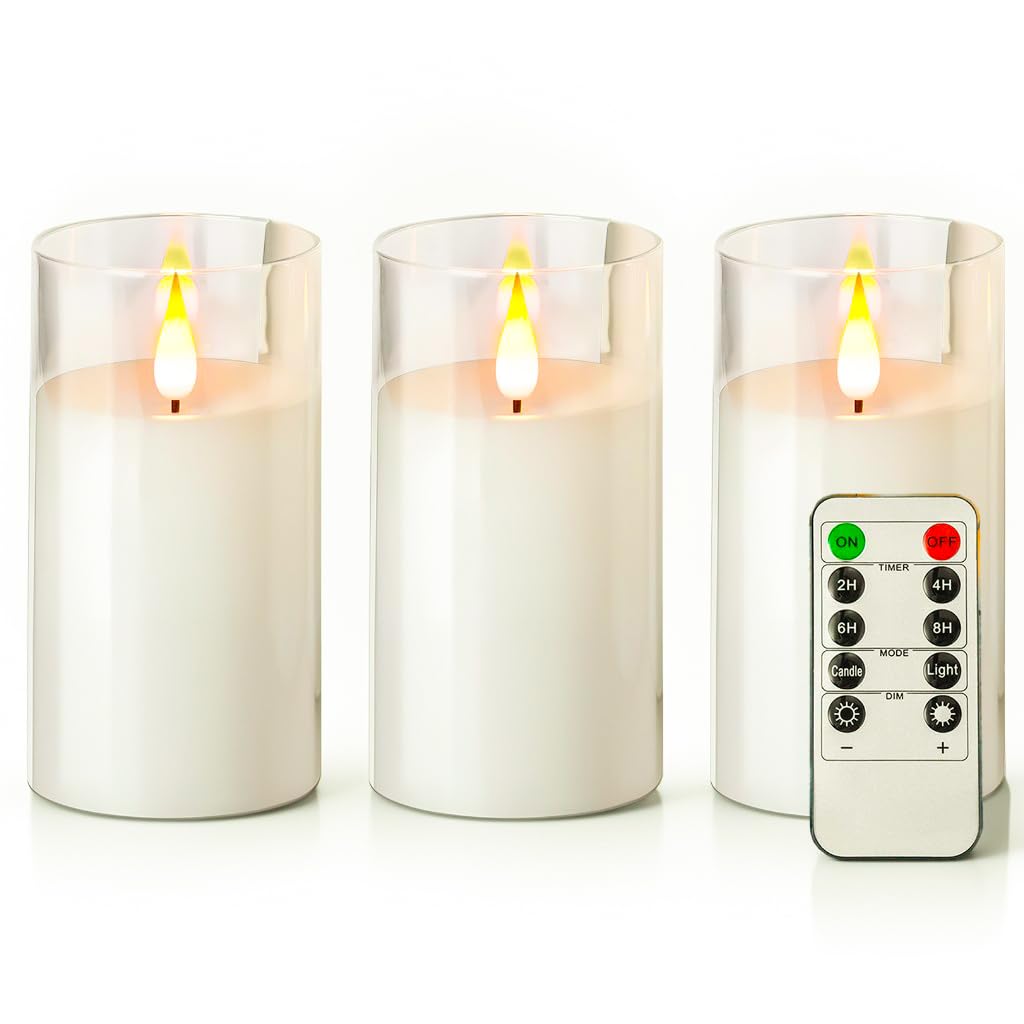 NICEME Flickering Flameless Candles with Remote Control Timer Unbreakable Acrylic Battery Operated LED Candles with Flickering Flame 3D Wick for Romantic Ambience Home Decor Set of 3, D3” xH6”