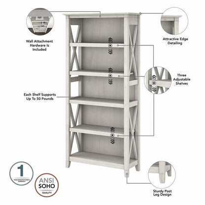 Bush Home Key West 54W Computer Desk with 2 Drawer Lateral File Cabinet and 5 Shelf Bookcase in Linen White Oak