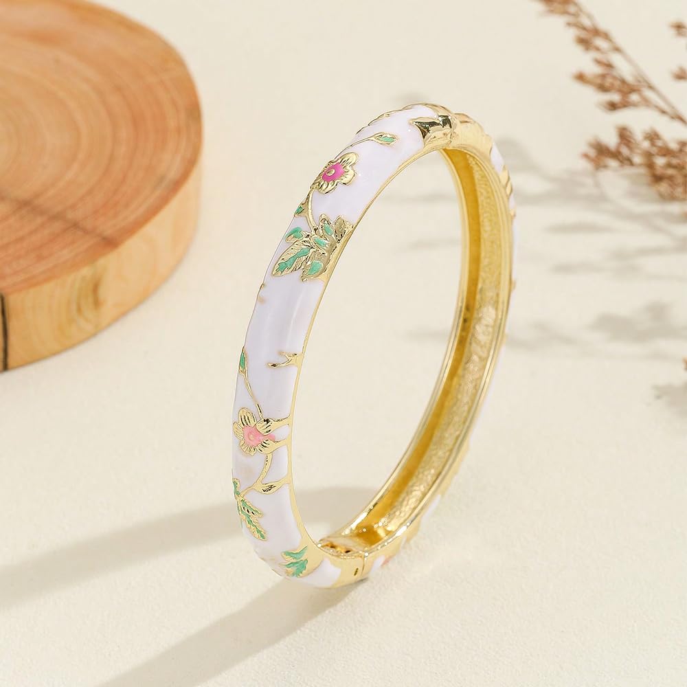 BlingNook Cloisonne Bracelet For Women, Chunky Bangle Trendy Cute Flower Enamel Bangles Multi Tone Engraved Cuff Gold Plated Bracelets Stackable Wife Jewelry Friendship Gift (White, One Size)
