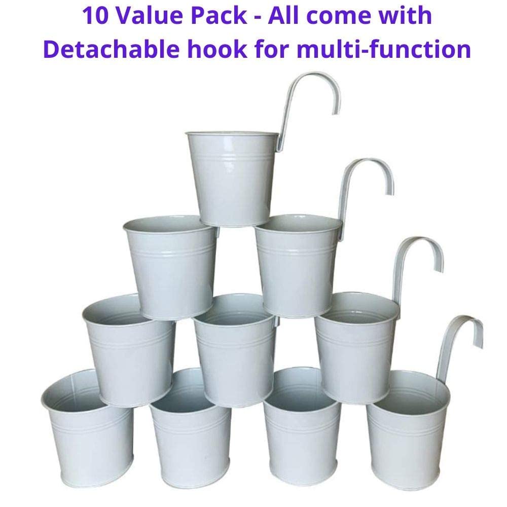 LaLaGreen 6 Inch Hanging Planter Iron - 10 Pack, White Large Metal Flower Pot Over Rail Balcony Railing Hanging Buckets for Plants Outdoor Fence Wall Herb Garden Succulent Outside Deck Patio Porch