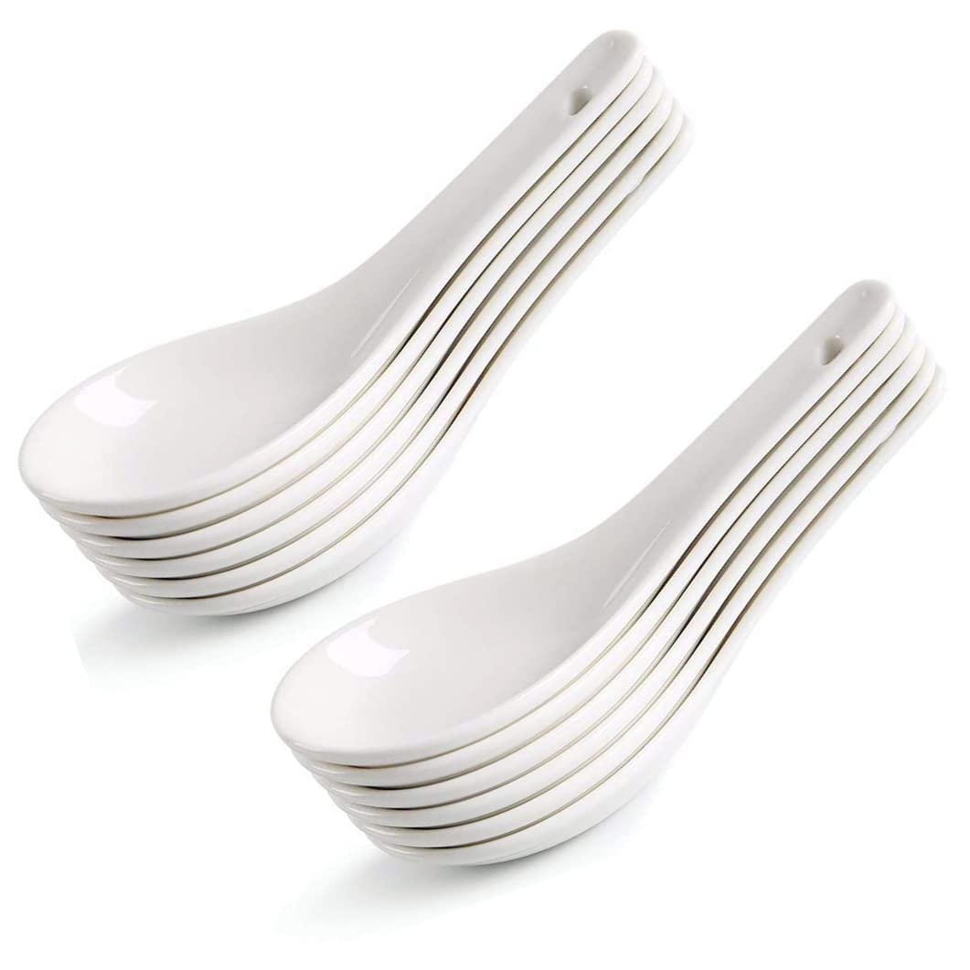 HAPPY KIT Asian Soup Spoons Set of 12, Ceramic Ramen Spoons Set Proper for Corelle Pho Miso Wonton Ramen Dumpling Macaron Dishwasher & Oven Safe