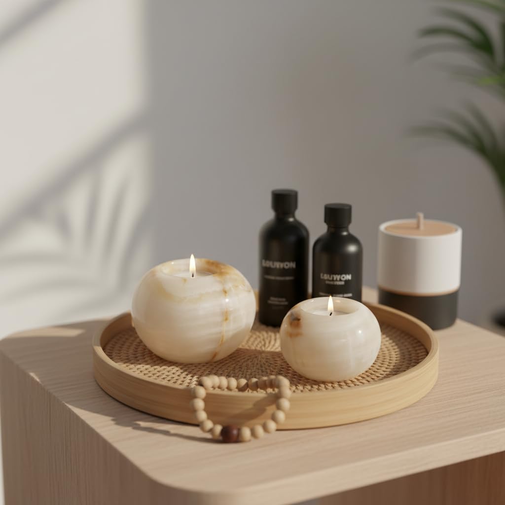 Radicaln Marble Tealight Candle Holder 4" Inch White Onyx Handmade Decorative Votive Candle Holder for Home Decor, Elegant Set of 3 Mini Candle Holders & Marble Taper Holder for Housewarming Gifts