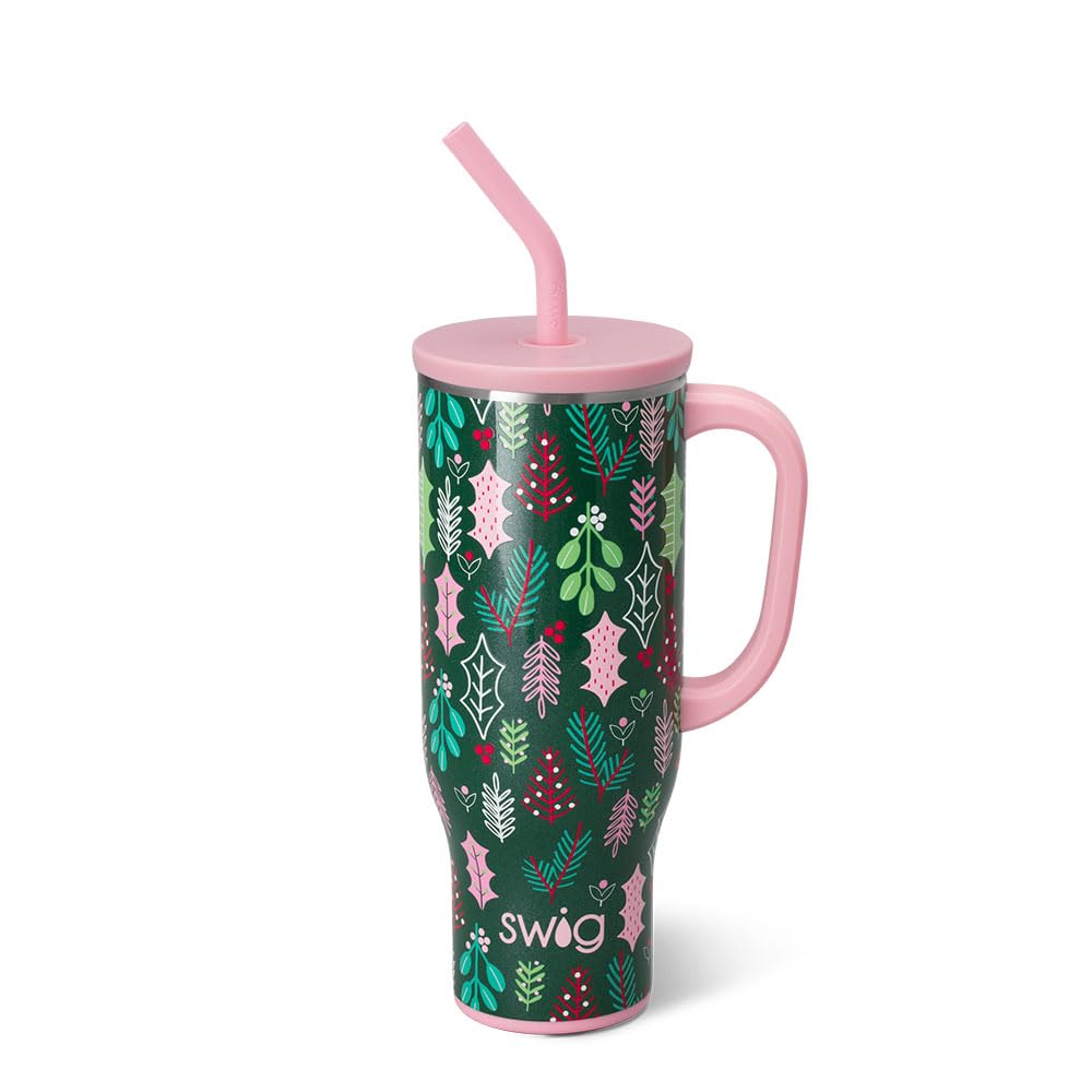 Swig Life 30oz Mega Mug, 30oz Tumbler with Handle and Straw, Large Insulated Tumblers, Cup Holder Friendly Travel Mug, Stainless Steel 30 oz Tumbler, Reusable Insulated Water Bottle (Merry Mistletoe)