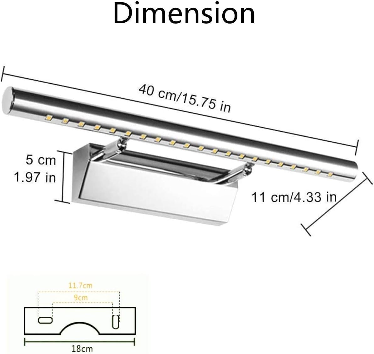 Lightess Bathroom Wall Light Led Mirror Lights with Switch 5W Bathroom Above Mirror Lamps 180° Adjust Picture Wall Lights Stainless Steel IP44 Lights for Mirror Mains Powered 6000K Cold White - 40cm
