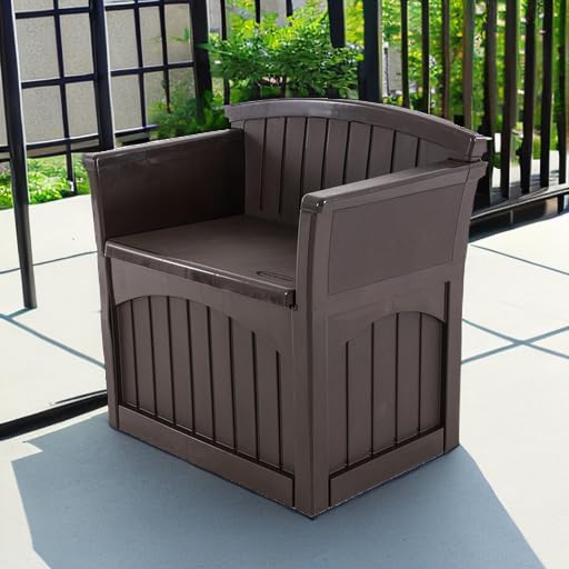 Suncast 31 Gallon Outdoor Backyard Garden Patio Seat Storage and Bench Chair with Arm Rest, Java