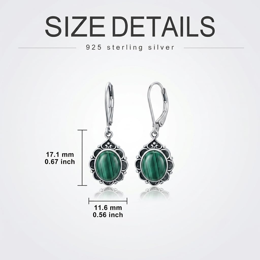 Malachite Drop Earrings for Women 925 Sterling Silver Vintage Oval 9x7mm Filigree Leverback Dangle Earrings, Gothic Victorian Antique Jewelry Gifts