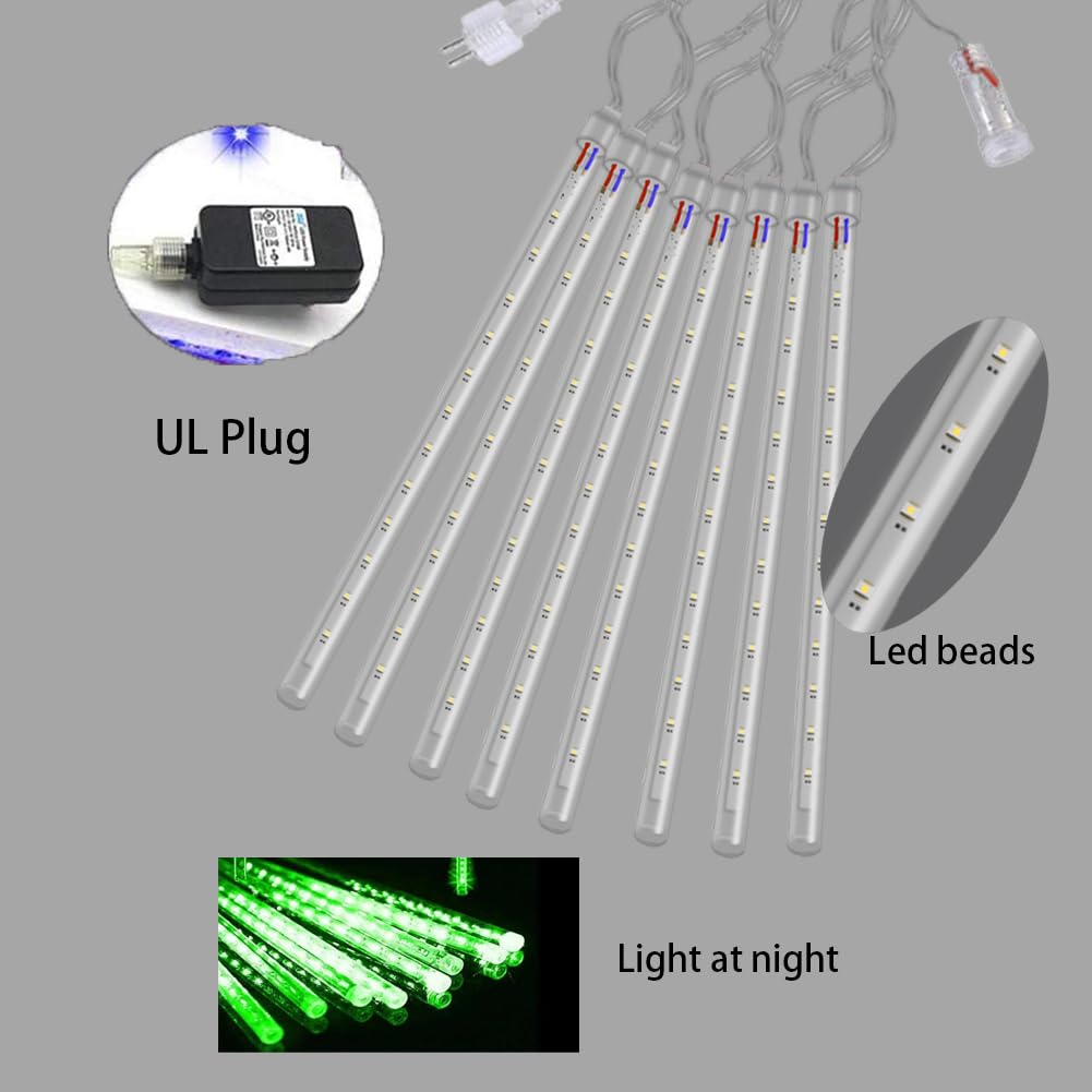 Weepong Halloween Lights Outdoor, Meteor Shower Christmas Lights for Halloween Decorations, 8 Tube 192 LED Snow Falling Rain Icicle String Light for Xmas Christmas Decor Tree Party, UL Plug Green