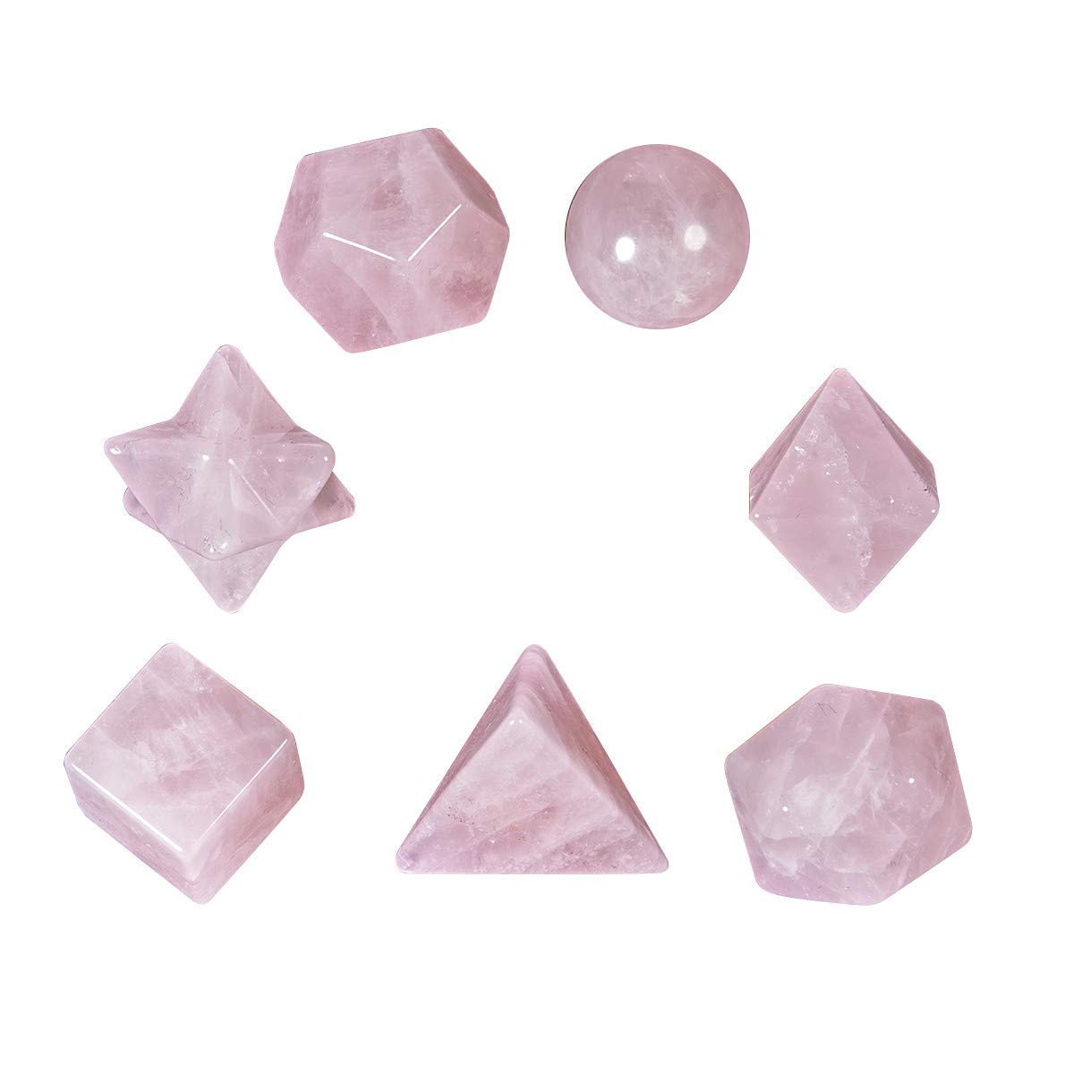 rockcloud Rose Quartz Platonic Solids Sacred Geometry with Merkaba Star Set, Healing Crystal Faceted Gemstones for Meditation Reiki Balancing, Pack of 7