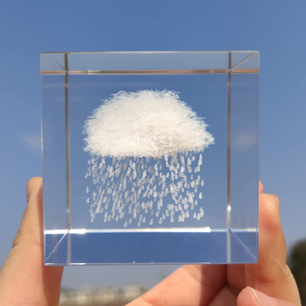 Crrezhai 3D Rain Cloud Crystal Cube Paperweight Room Decor K9 Glass Feng Shui Ornaments Figurines Engraving for Home (Rain)