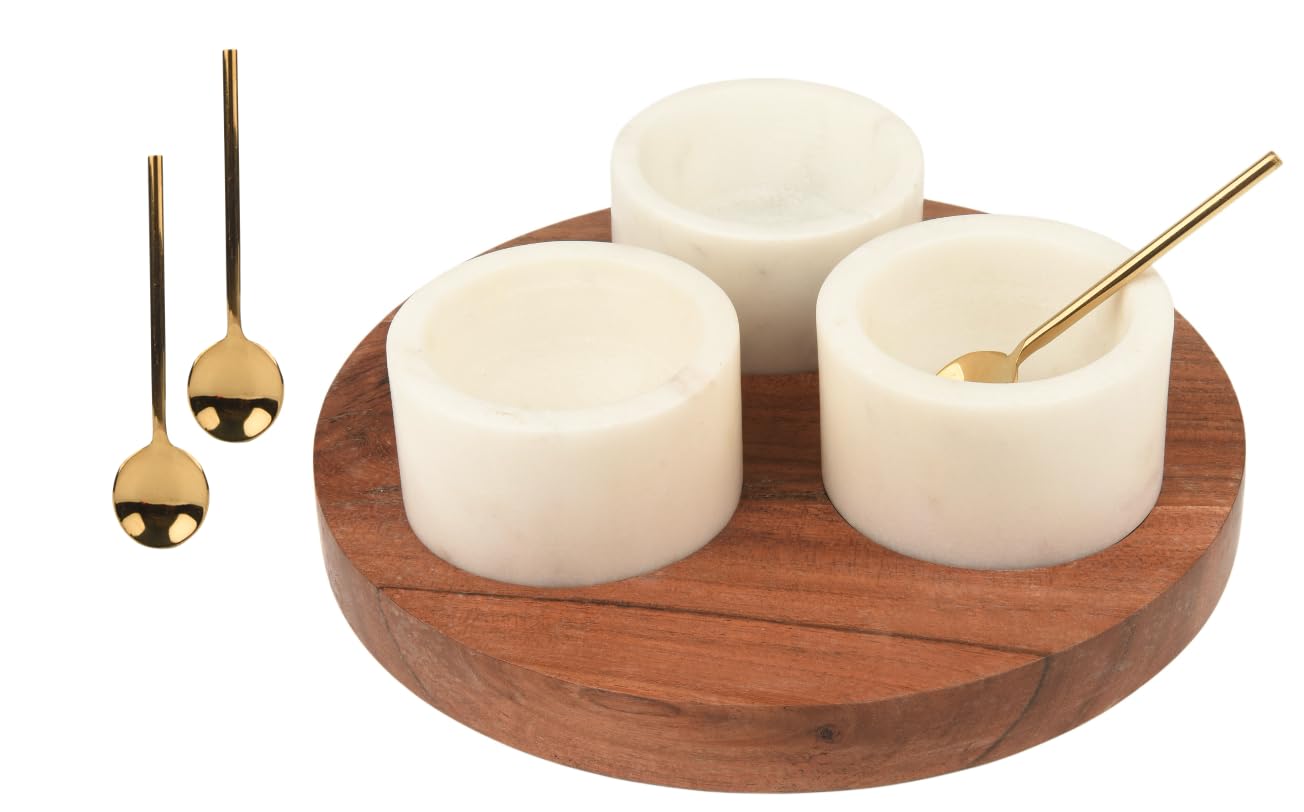 Cruiser’s Caché 3 Piece White Marble Salt and Spice Cellar or Dipping Bowls with Wood Tray and Gold Spoons