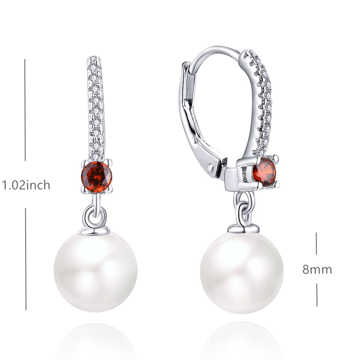 JO WISDOM Pearl Earrings,925 Sterling Silver 8mm Pearl Leverback Drop Earrings with 3A CZ January Birthstone Garnet Color,Jewelry for Women