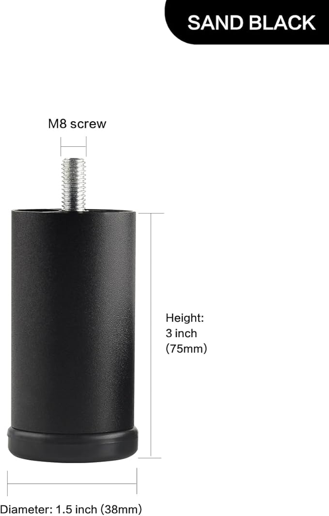 4-Pack 3 Inch Black Furniture Cabinet Metal Cylinder Risers Legs M8 Screw in