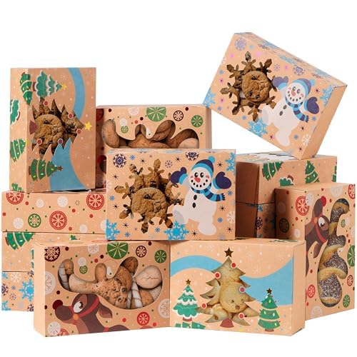 JOYIN 24PCS Christmas Cookie Boxes for Gift Giving, 8.5" x 5.75" x 2.75" Xmas Holiday Treat Cookie Tin with Window, 3 Designs Brown Foiled Kraft Bakery Boxes for Pastries, Cupcakes, Brownies, Doughnut