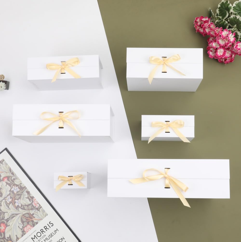 BoxSkivra White Large Gift Box with Ribbon 1 Pack 13X11X5.3 Inch Large Box with Lid Magnetic Closure Rectangle Collapsible Luxury Wrap Box for Weeding Gifts Crinkle Cut Paper Shred with Card