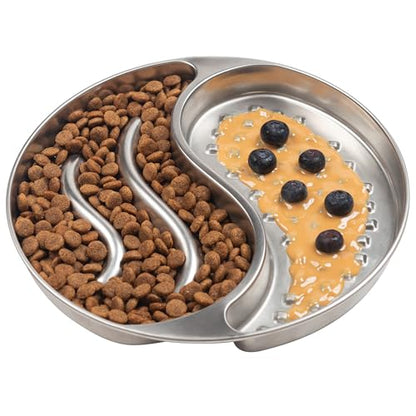 Stainless Steel Slow Feeder Dog and cat Bowl & Lick Mat – 2 Cups, Enrichment Puzzle for Small & Medium Pets, Improves Digestion & Supports Meal Variety, with Non-Slip Suction Cups