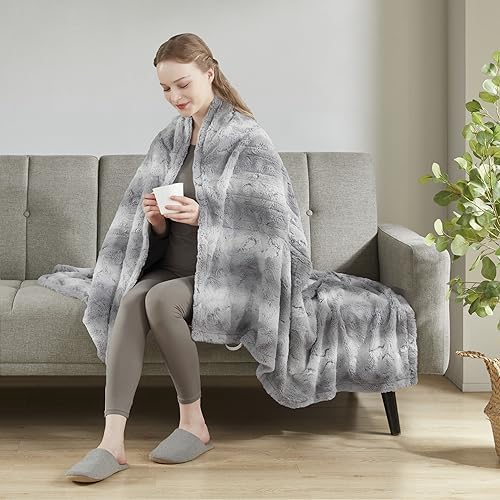 Beautyrest Zuri Reversible Faux Fur to Mink Electric Blanket, Auto Shut Off, Virtually Zero EMF, Multi Heat Setting, UL Certified, Machine Washable, Natural Marble Throw 50x70
