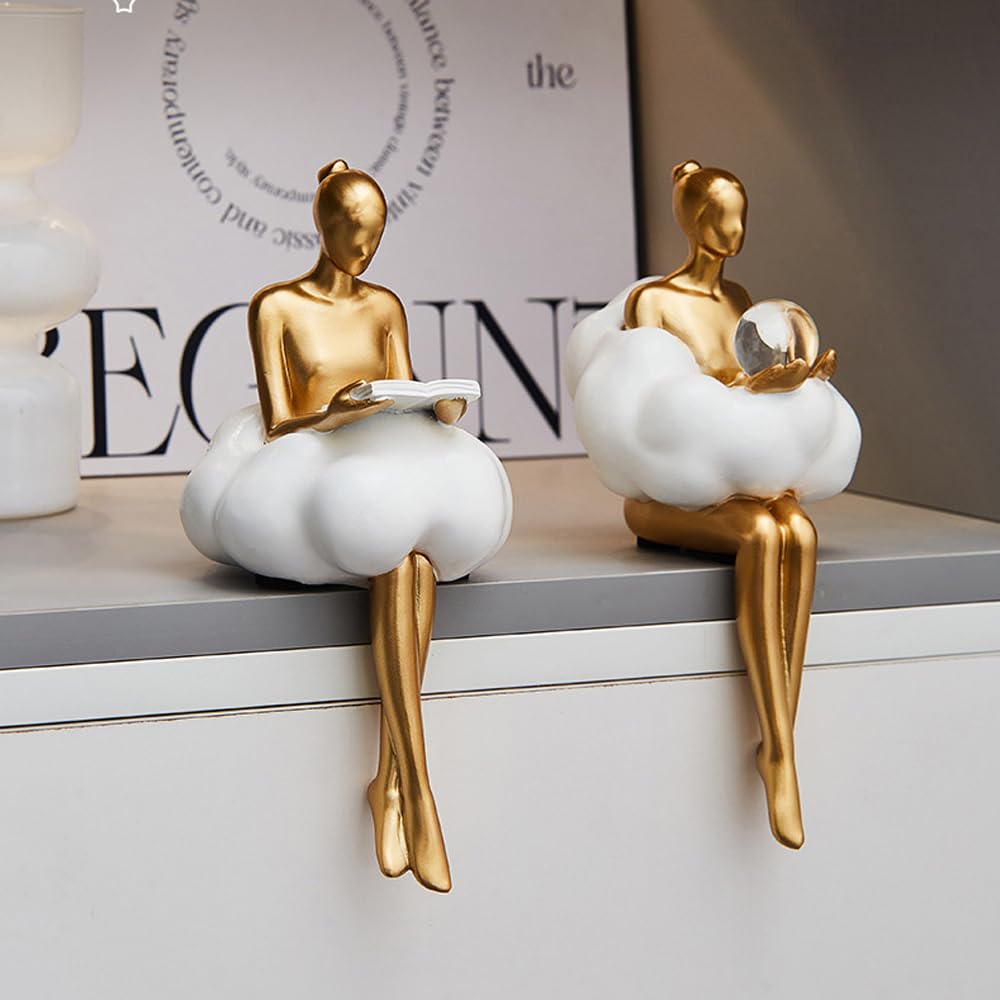Rayberro Cloud Girl Sculpture, Tabletop Figure Decoration, Ballerina Girl Statue Home Office Living Rome Decor, Crystal Ball Reading Girls Figurines Desktop Ornaments Decorations Gift (A B Small)