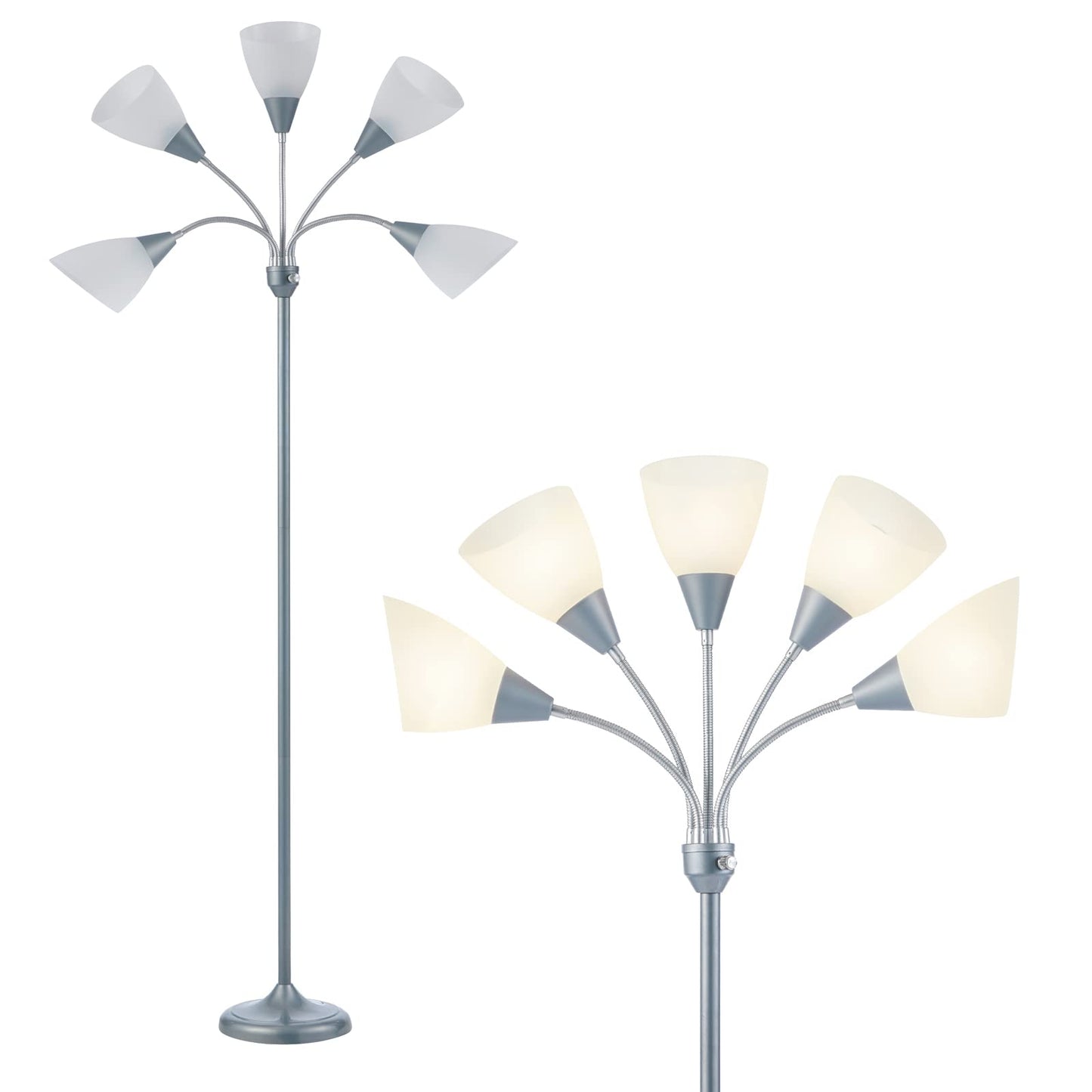 HonoDing Medusa Floor Lamps Standing Lamps 5 Heads Adjustable Reading Light Large Shade Use E26 A19 Bulb Floor Lamps for Living Room Bedroom (Silver)