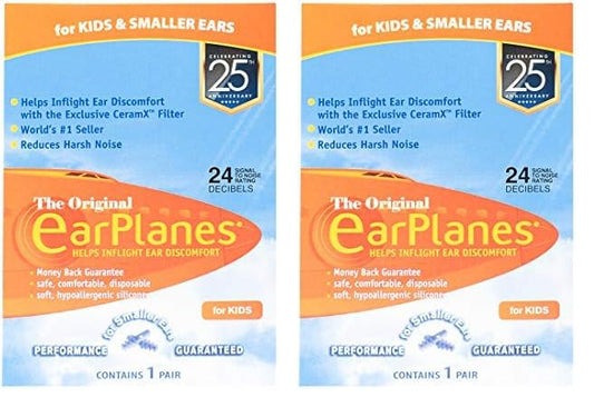 EarPlanes Original Earplugs for Children/Smaller Ears, Pressure Filtering Protection for Airplane Travel (1 Pair) (Pack of 2)