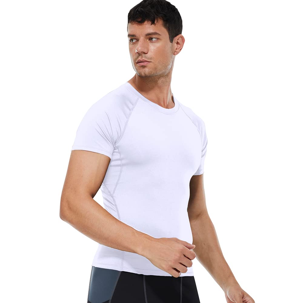 CARGFM Compression Shirt Men, Short Sleeve T-Shirt Cool Dry Tops Baselayer Undershirts for Workout Athletic Running Gym Football Basketball White