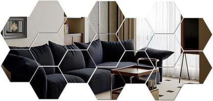 MCLEULLA 12 Pcs Acrylic Mirror Wall Stickers Hexagon Plastic Wall Stickers for Home Decor Living Room Bedroom Over Sofa or TV Gold (silver)
