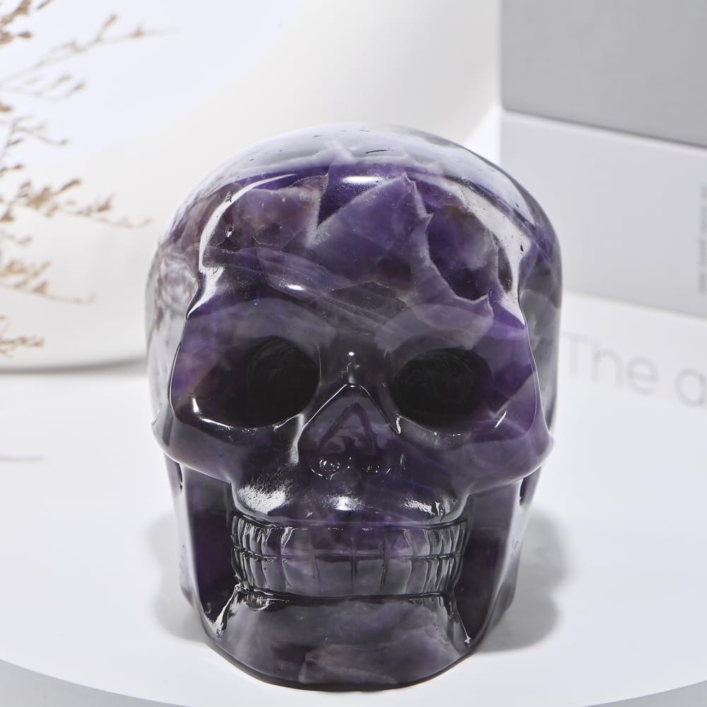 Bmuafry 5''Natural Dreamy Amethyst Crystal Skull Head Hand Carved Reiki Healing Stone Statue Healing Home Office Art Room Decoration