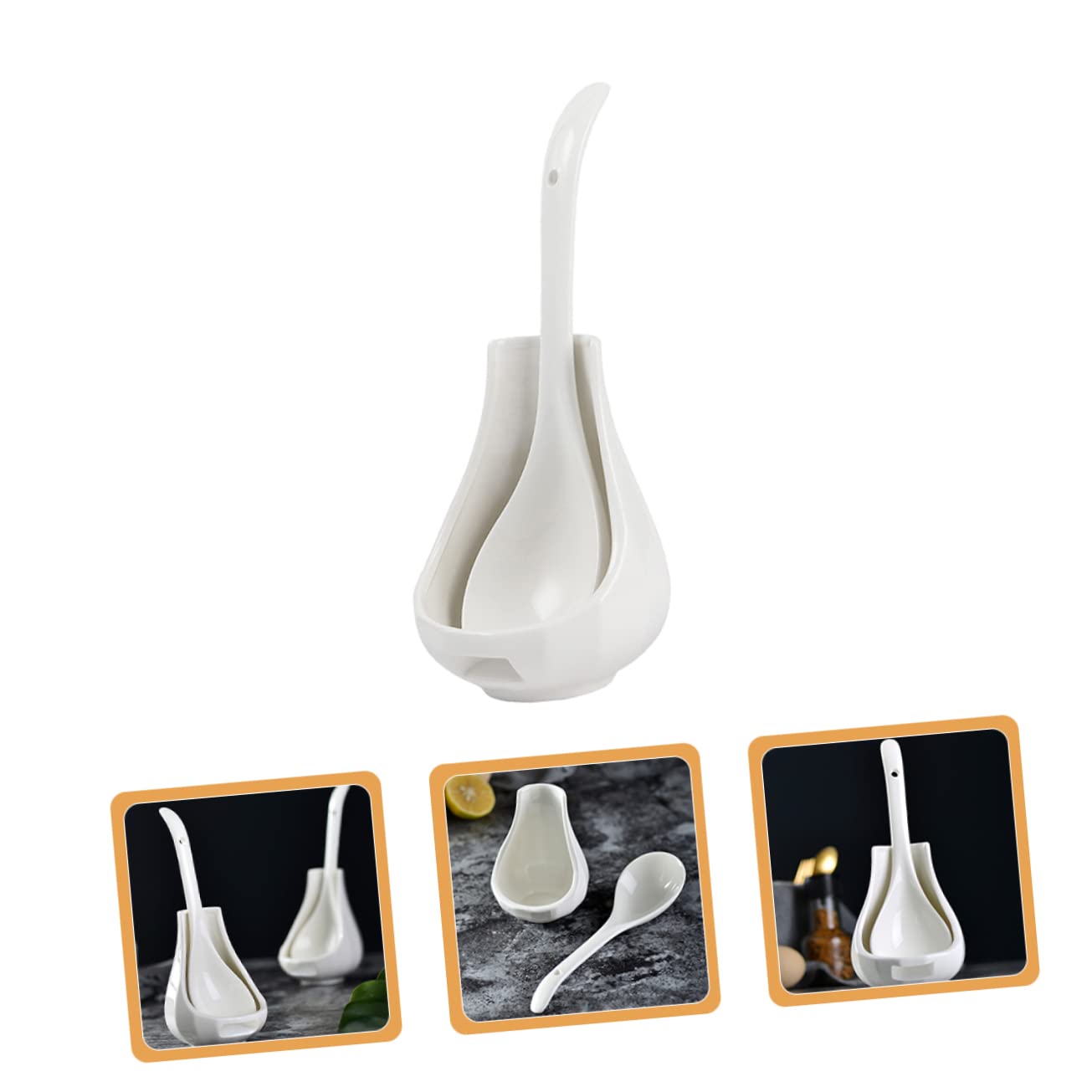 COLLBATH Ceramic Soup Spoon Rest Large Rice Spoon and Porridge with Utensil Holder 8.85 in Porcelain Ladle for Serving Soups Kitchen Dining Restaurants