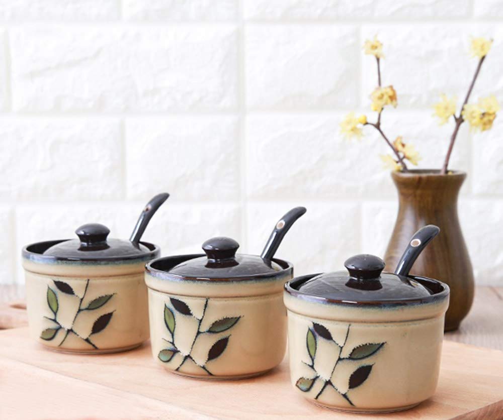 Ceramic Retro Flower Sugar Bowl Storage Jar Seasoning Pot with Spoon