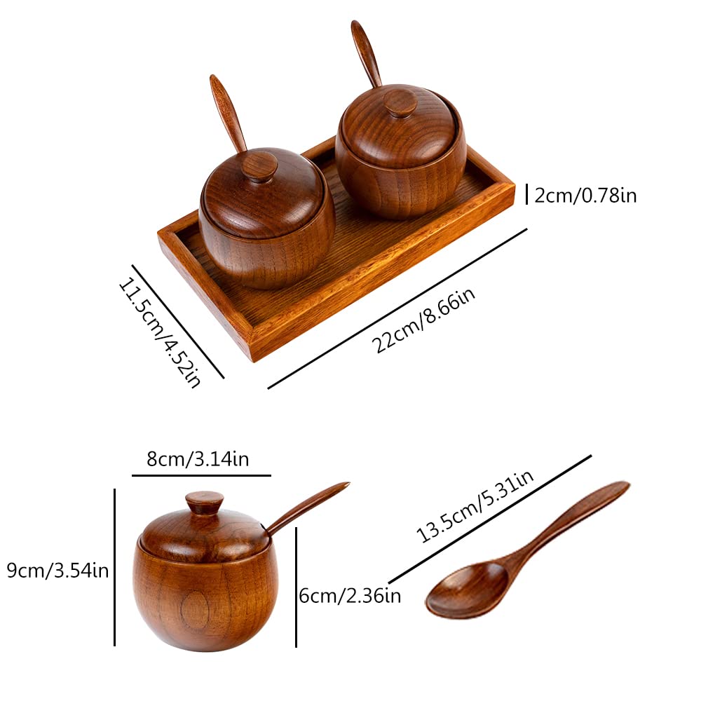 YMYL 2 Pcs Wood Condiment Pot Spice Jars, Natural Wooden Sugar Bowl Pepper Seasoning Container Condiment Pot with Lid, Spoon and Tray for Herbs Salt Pepper Spices