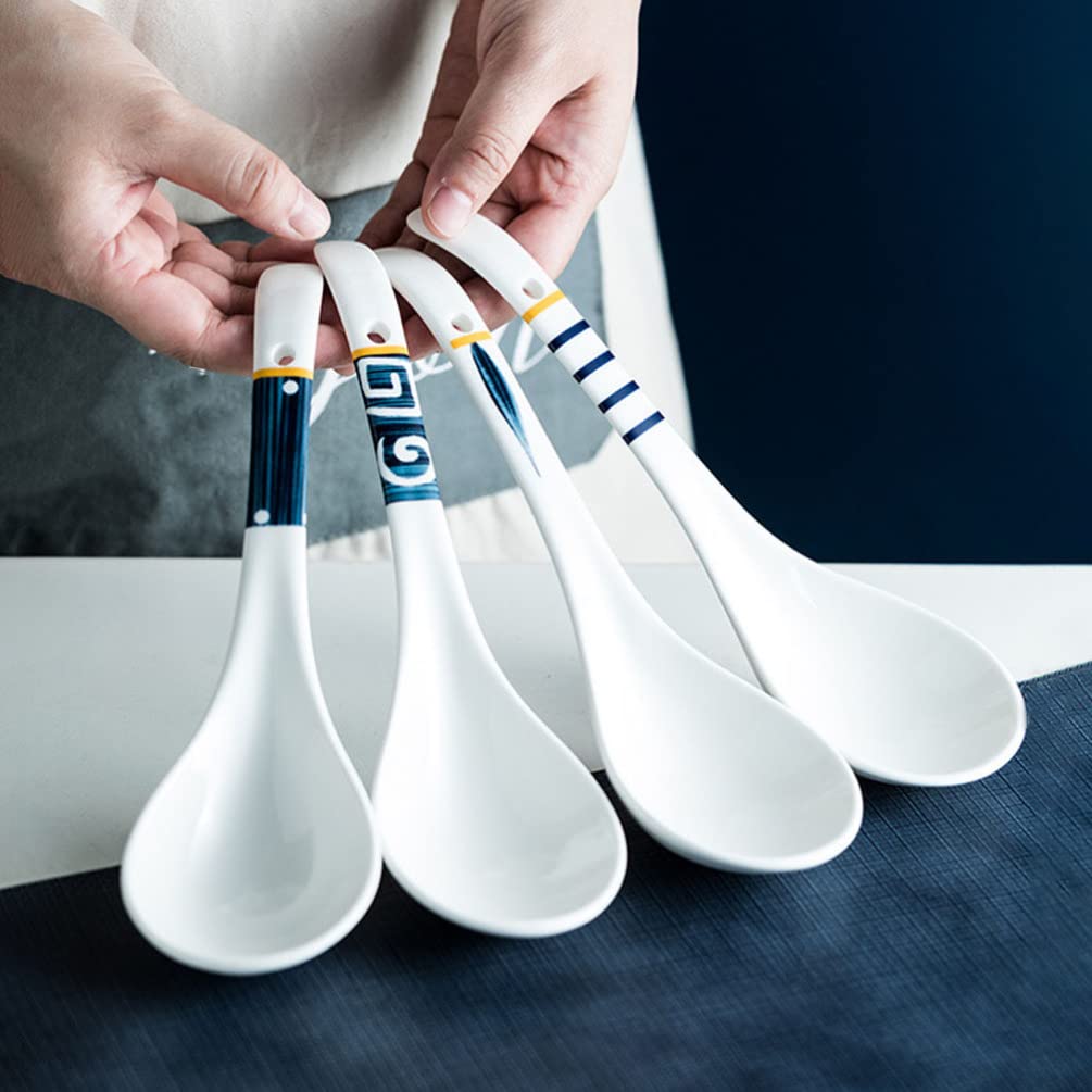 Hemoton Ceramic Soup Spoons with Long Handle 9.05 Inch Set of 2 for Rice Porridge Serving Kitchen Household