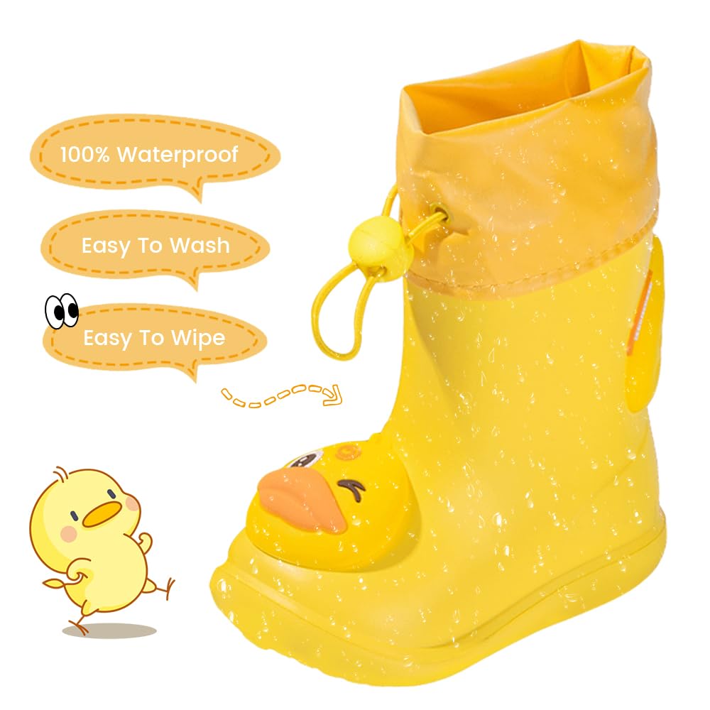 DRECAGE Boys Rain Boots with Pull On Drawstring Closure for Kids Waterproof Non-Slip Wellies Rubber Rain Shoes Outdoors Yellow Duck 5 UK Child 140 MM