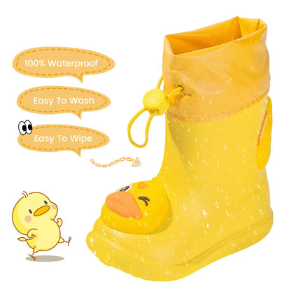 DRECAGE Boys Rain Boots with Pull On Drawstring Closure for Kids Waterproof Non-Slip Wellies Rubber Rain Shoes Outdoors Yellow Duck 5 UK Child 140 MM