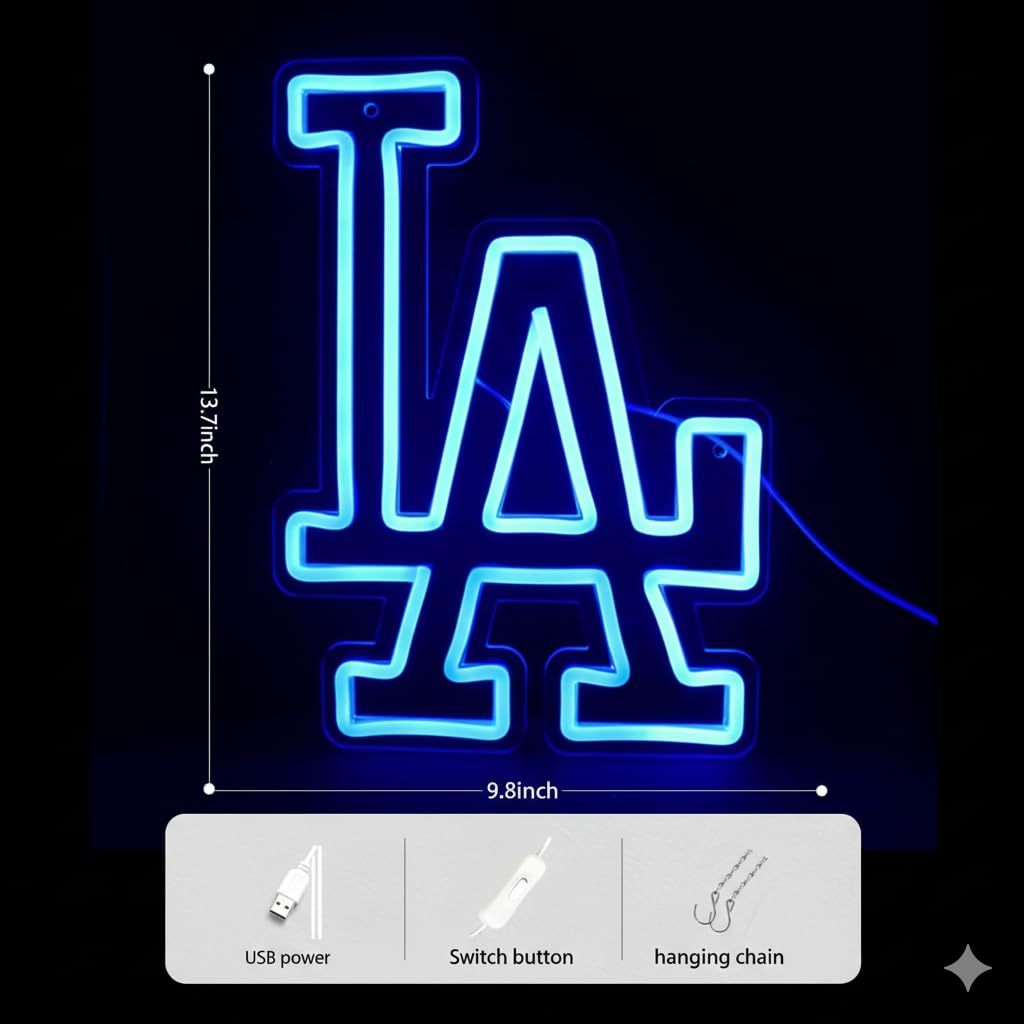 Dodgers Baseball LED Neon Sign Wall Decor – Sports Team LED Light for Bedroom, Man Cave, Game Room – Birthday, Christmas gift - USB/5V Powered, LED – Great Gift for Baseball Fan (13x15 in)