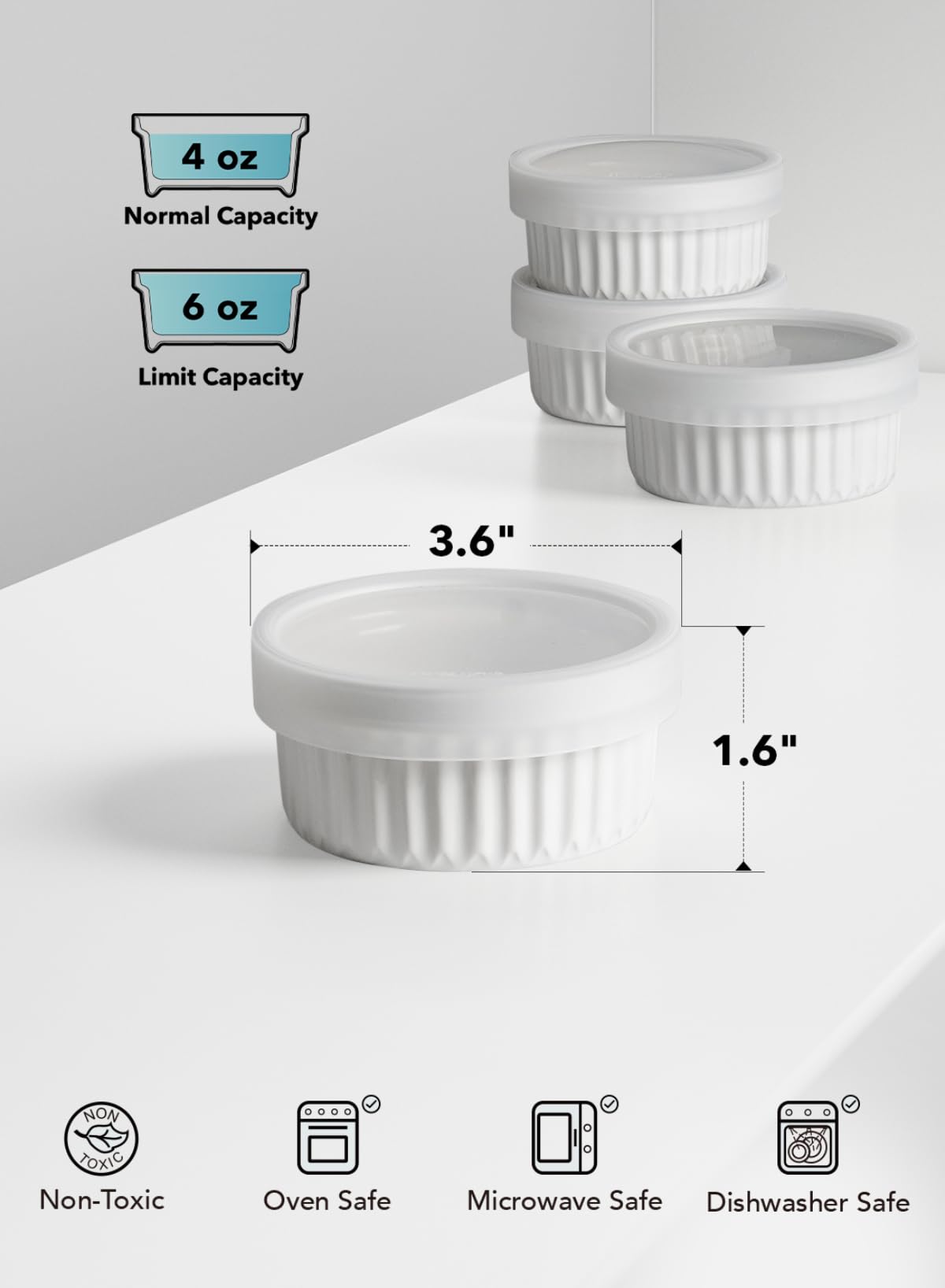 LE TAUCI Ramekins with Silicone Lids, 4 OZ Ceramic Soufflé Dishes, Ramekin Bowls for Crème Brûlée, Dessert, Dips, Oven & Microwave Safe, Set of 4, White