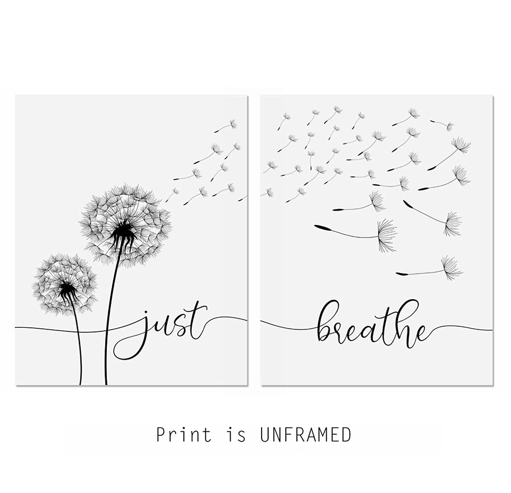 WCDHOR Just Breathe Wall Art Prints Set of 2, Dandelion Quote Posters, Minimalist Bedroom Decor for Yoga Room, Meditation Corner, Living Room, Office, Apartment, 11x14 Unframed