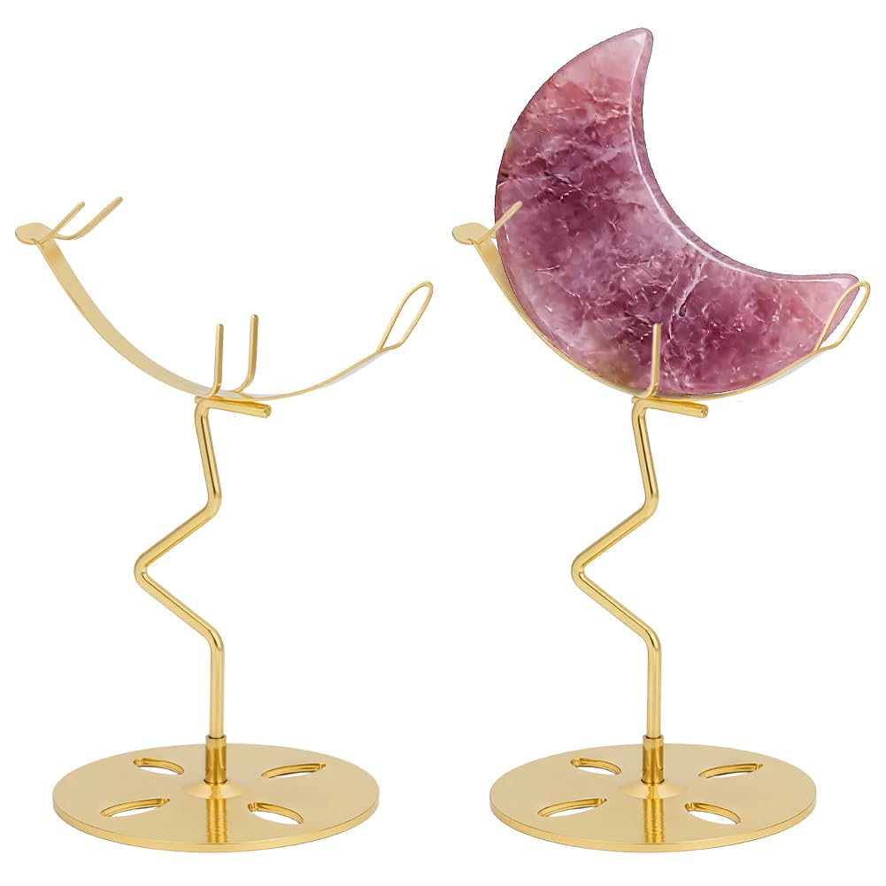NBEADS 2 Sets Crystal Display Holder, 3.1x5.3 Inch Moon Shaped Small Rock Display Stand Sphere Display Holder for Gemstones Geodes Mineral Agate Home Office Decor, Golden