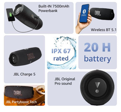 JBL Charge 5 Portable Bluetooth Speaker with Deep Bass, IP67 Waterproof and Dustproof, 20 Hours of Playtime, Built-In Powerbank, Blue