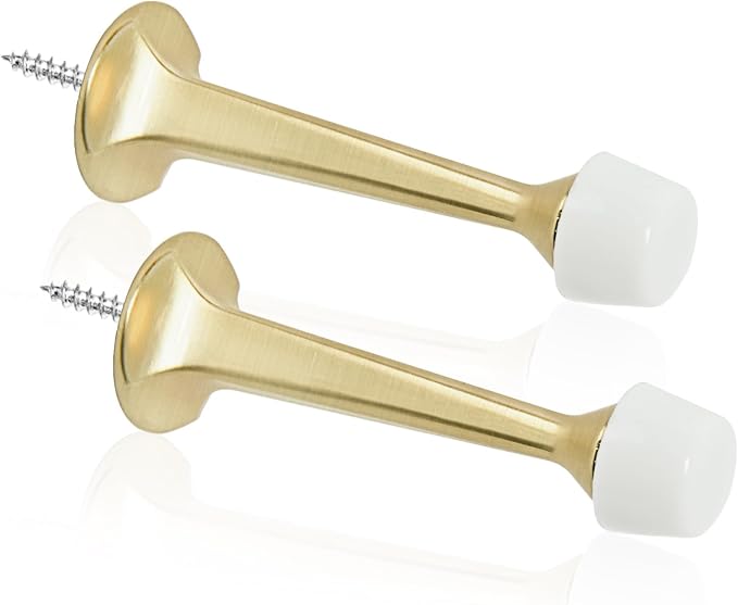 2 Pack Gold Solid Rigid Door Stops - Heavy Duty Door Stoppers Wall Protector with Soft Rubber Tips, Brushed Brass